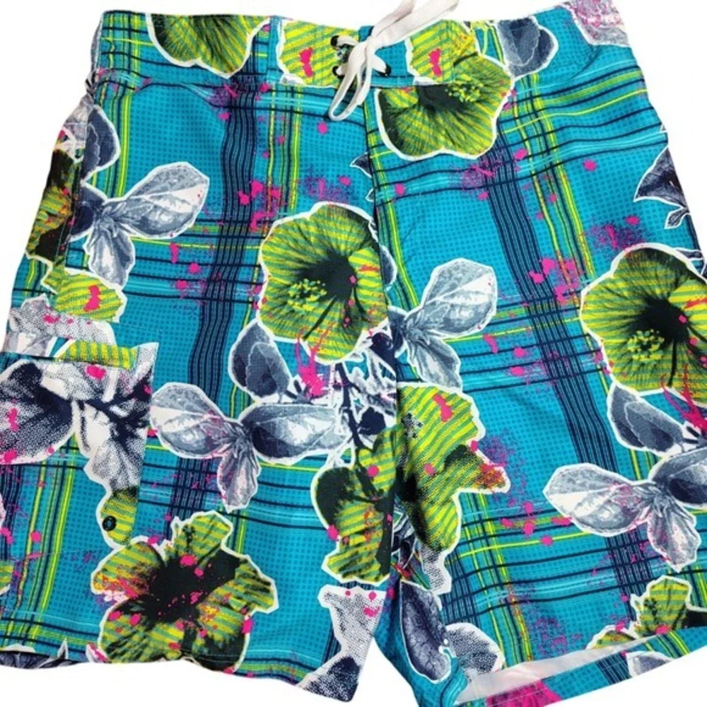 Joe Boxer Men Tropical Plaid Swim Trunks Shorts Blue L/G Aloha‎ Beach hawaiian